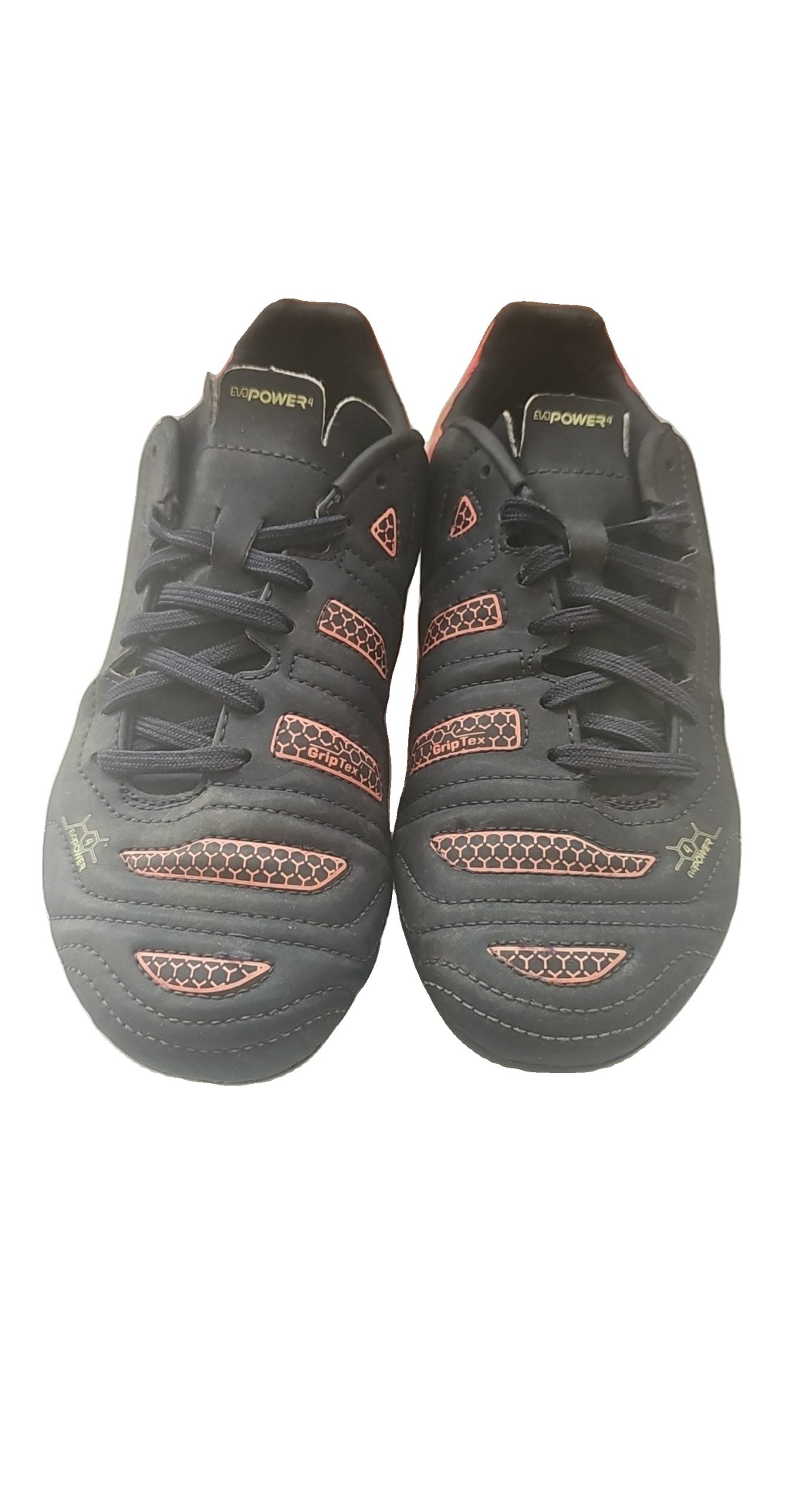 Puma black and red football boots with white formstripe and scuff marks, UK 4.