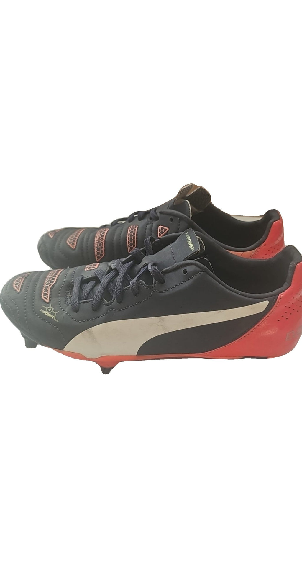 Puma black and red football boots with white formstripe and scuff marks, UK 4.