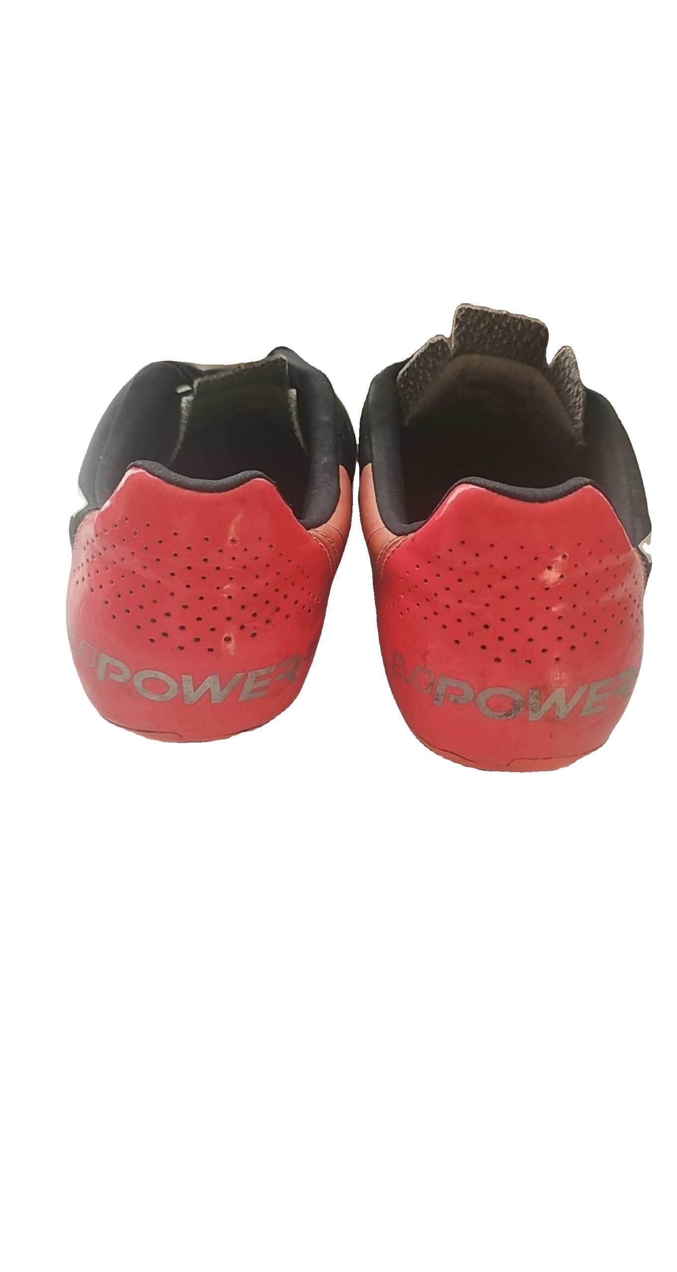 Puma black and red football boots with white formstripe and scuff marks, UK 4.