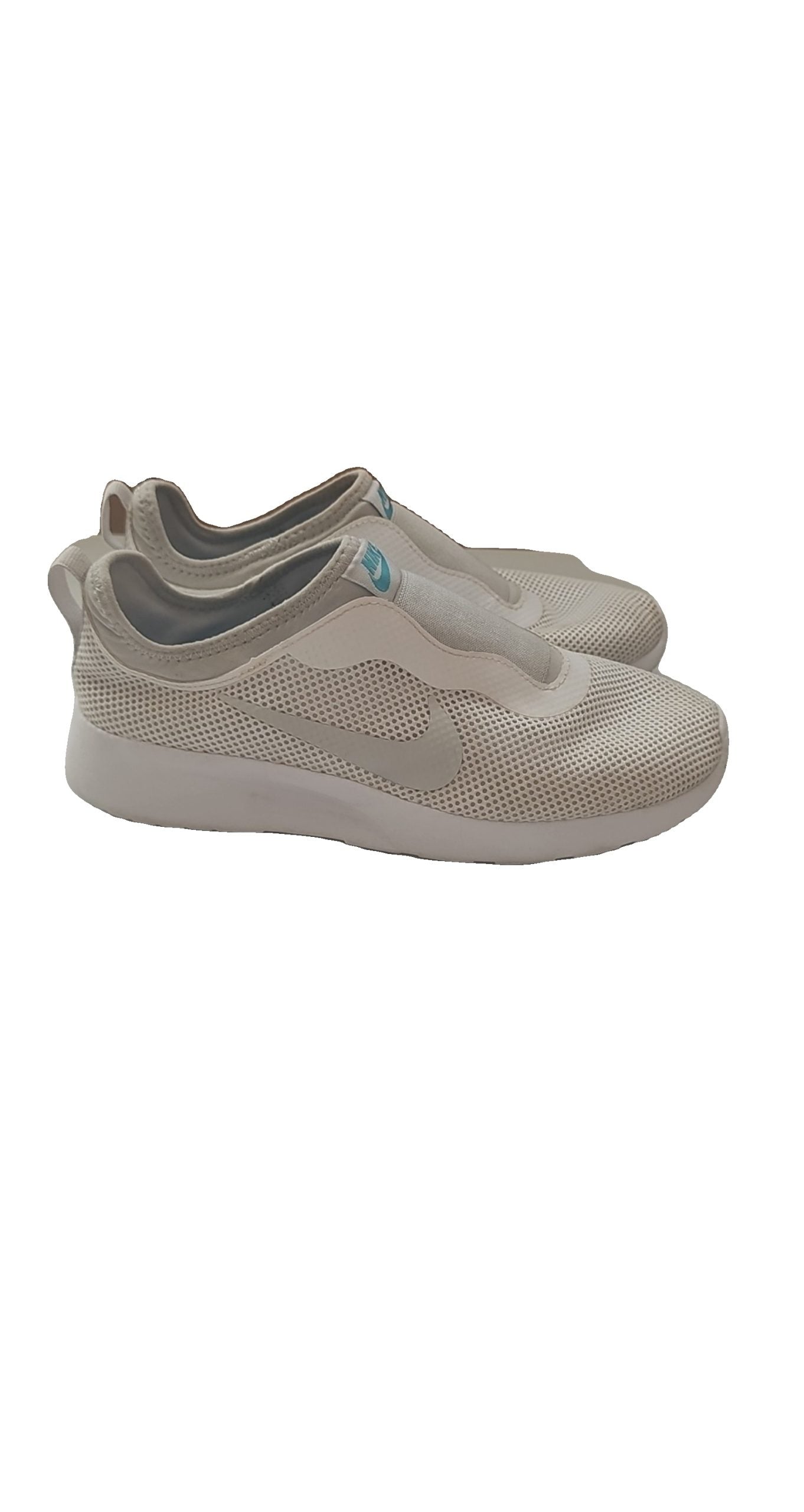 Nike blue and grey slip-on trainers, light grey mesh upper, branded tongue and heel.