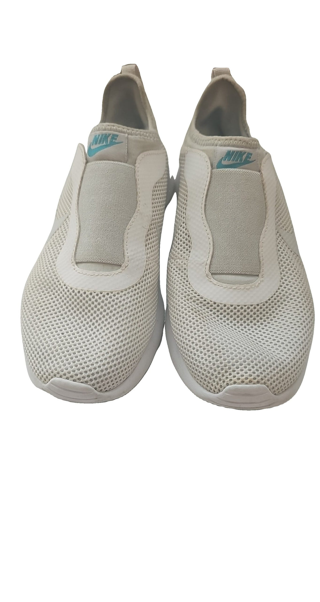 Nike blue and grey slip-on trainers, light grey mesh upper, branded tongue and heel.