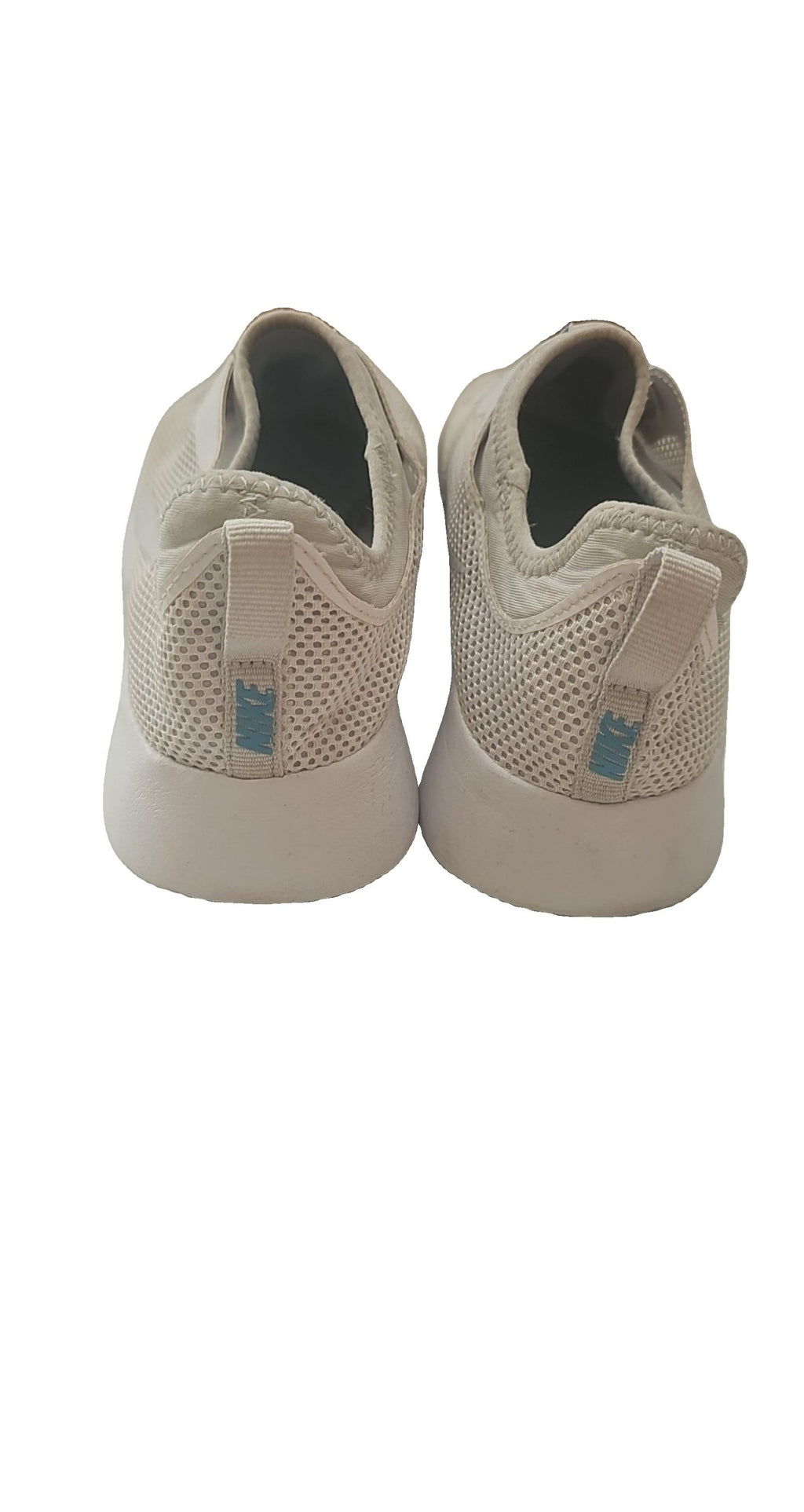 Nike blue and grey slip-on trainers, light grey mesh upper, branded tongue and heel.