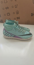 Nike green and purple Mercurial indoor football shoes with patterned rubber sole and synthetic upper.